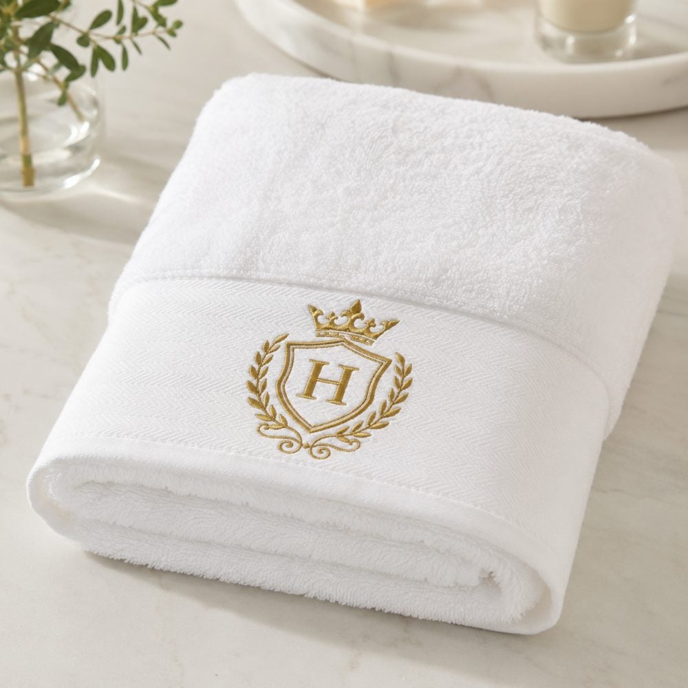 Custom-branded white bath towel with an embroidered gold hotel crest logo