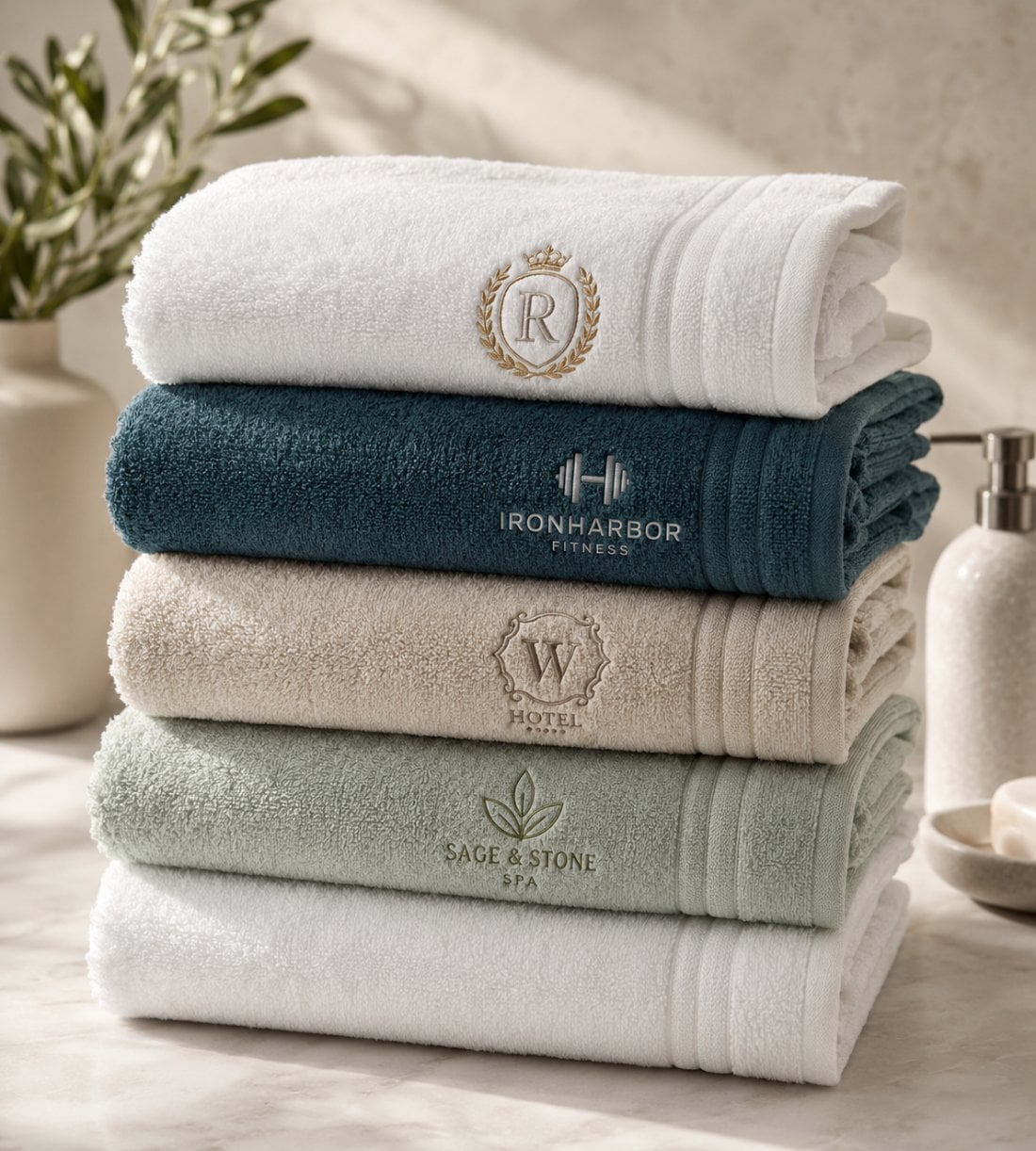 Stack of folded plush cotton bath towels ready for custom embroidery